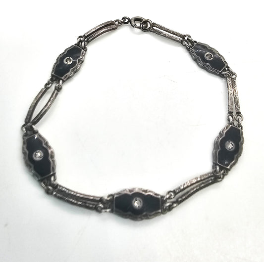 Art Deco black enamel and paste artisan handcrafted antique tennis bracelet