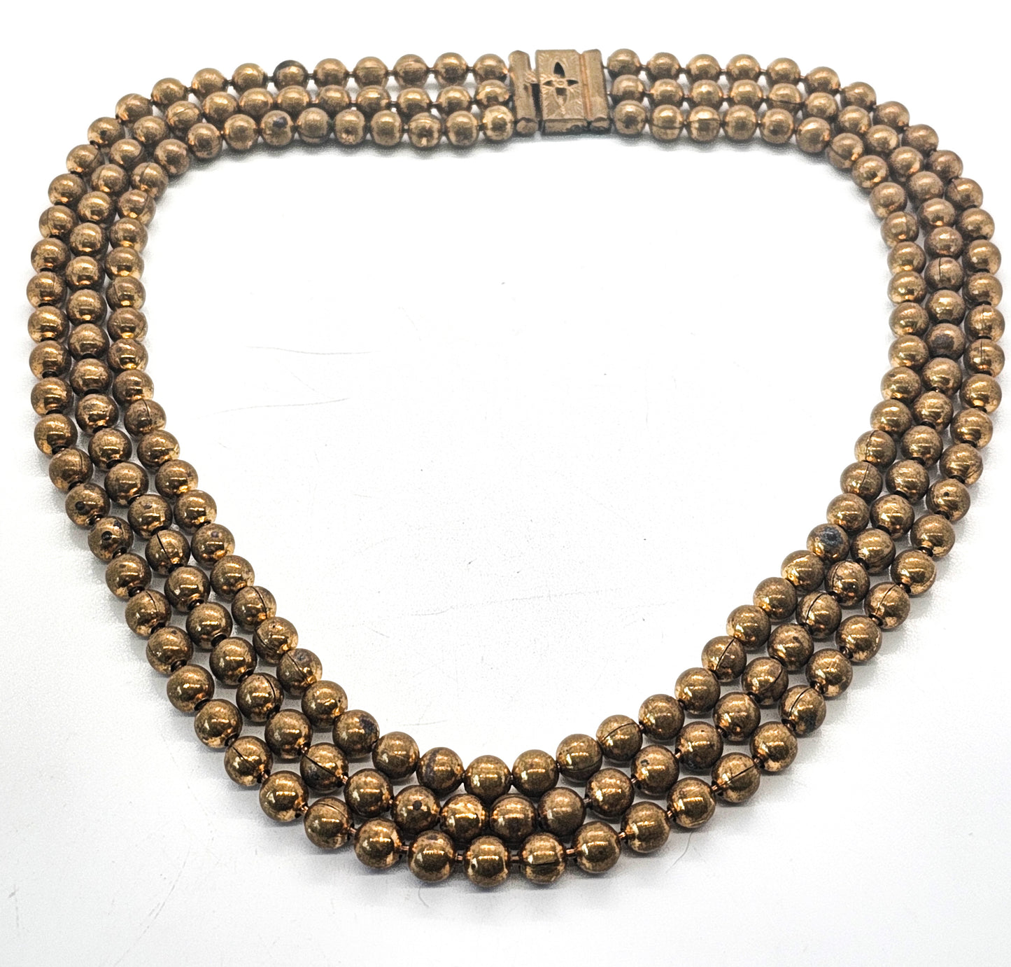 Art Deco brass beaded triple layer vintage heavy statement necklace