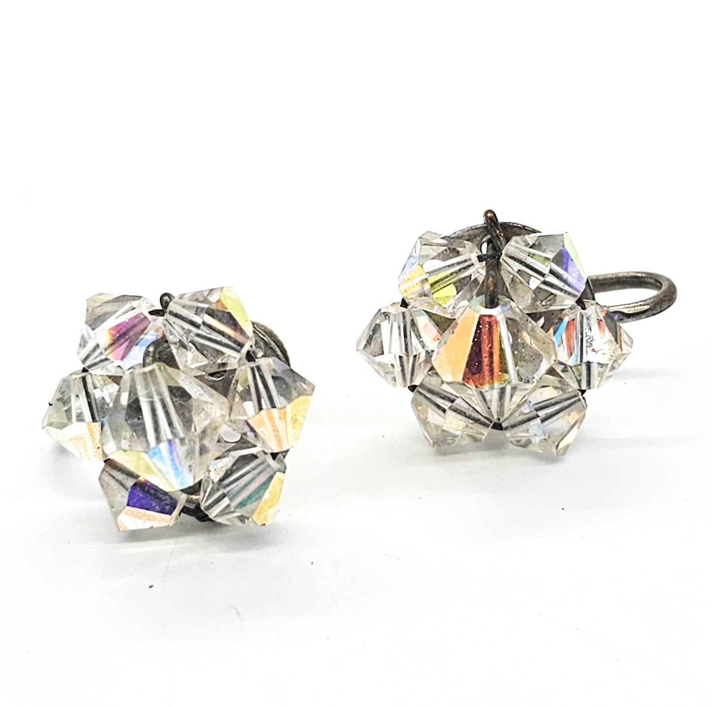 Austrian Crystal Aurora borealis small beaded vintage cluster screw back earrings