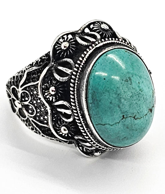 Turquoise filigree large sterling silver gemstone ring signed BJ size 6.5