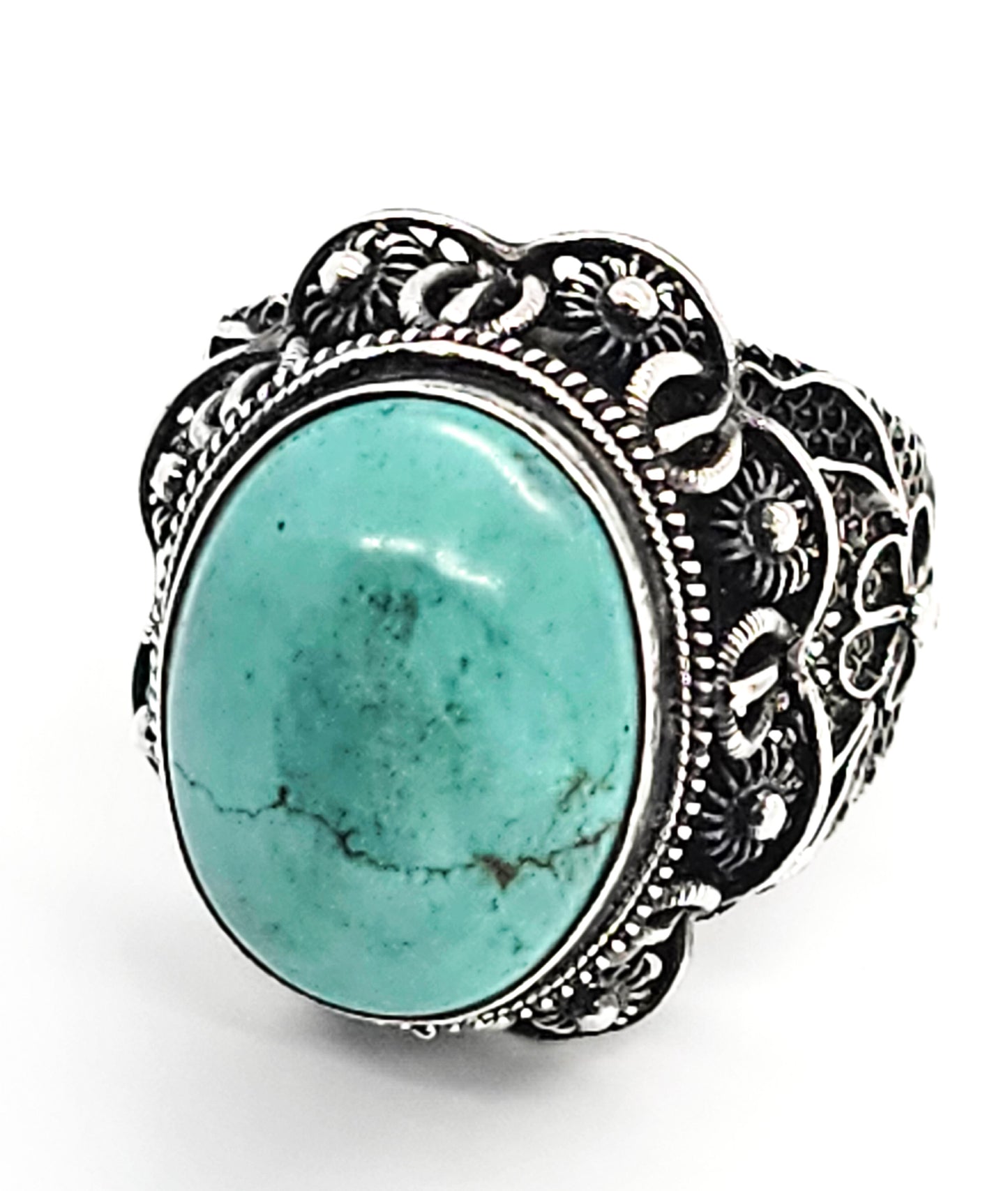 Turquoise filigree large sterling silver gemstone ring signed BJ size 6.5