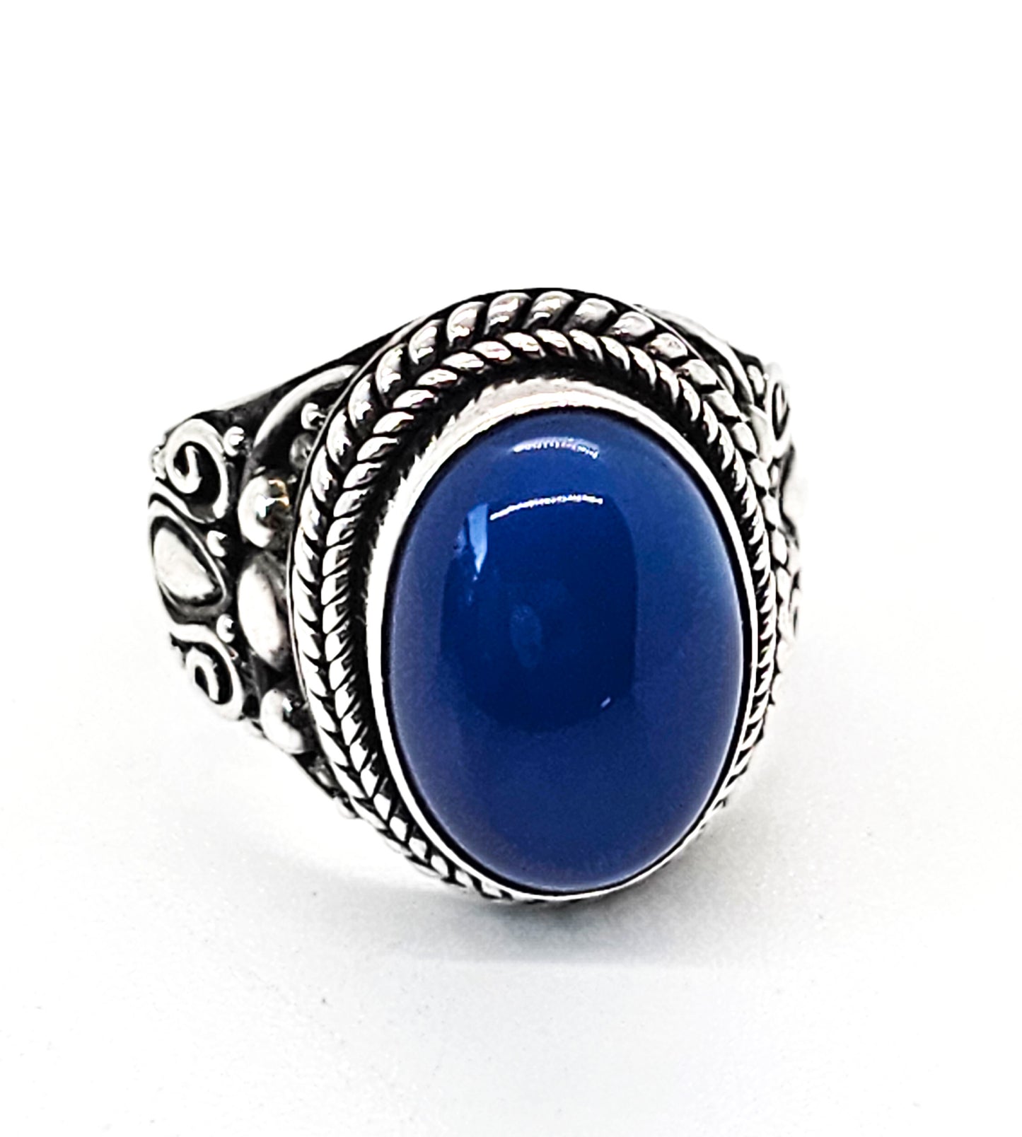 SA Dark Blue tribal filigree vintage sterling silver statement ring size 6 and 1/2