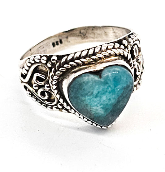 Aquamarine blue gemstone heart tribal Balinese sterling silver ring size 7