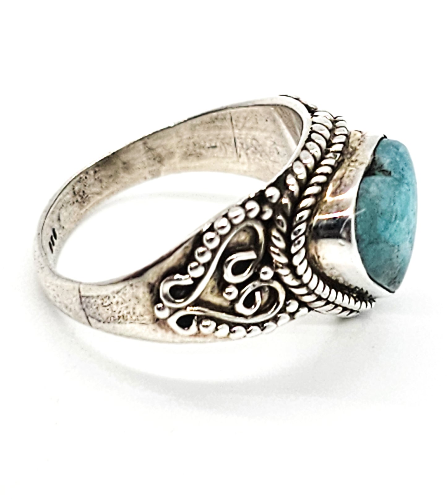 Aquamarine blue gemstone heart tribal Balinese sterling silver ring size 7