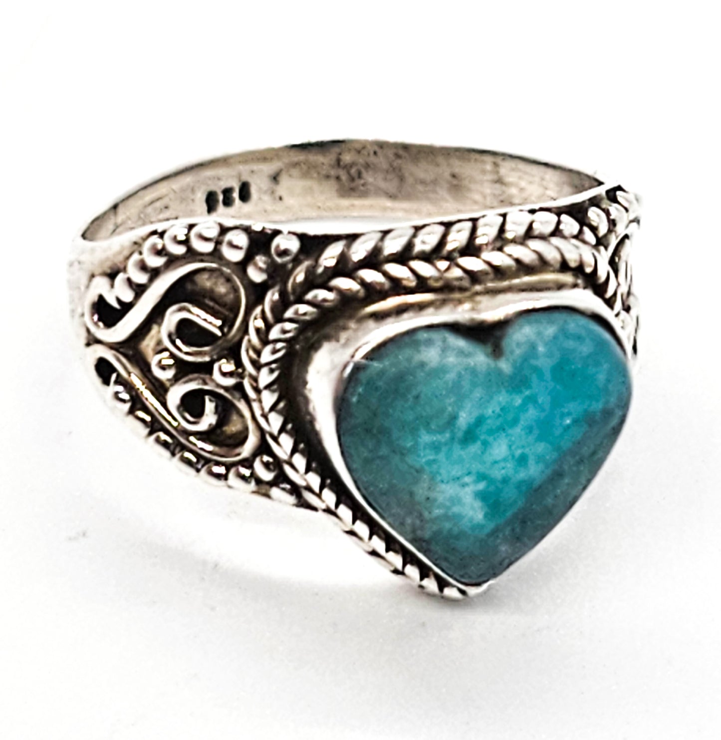 Aquamarine blue gemstone heart tribal Balinese sterling silver ring size 7