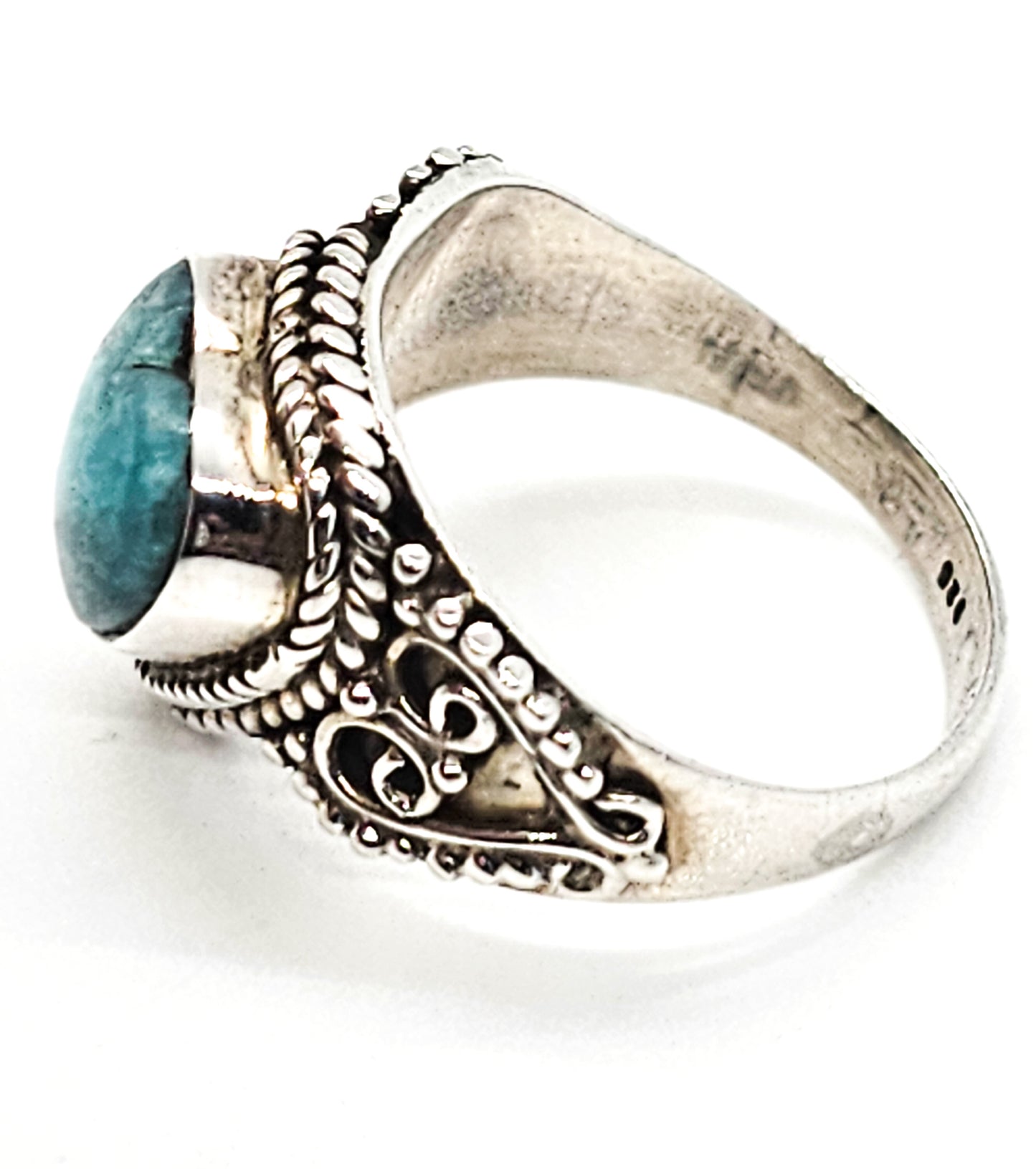 Aquamarine blue gemstone heart tribal Balinese sterling silver ring size 7