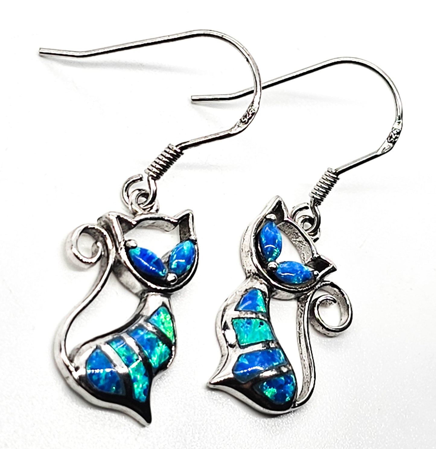 Blue fire opal lab created sitting cat feline figural sterling silver earrings