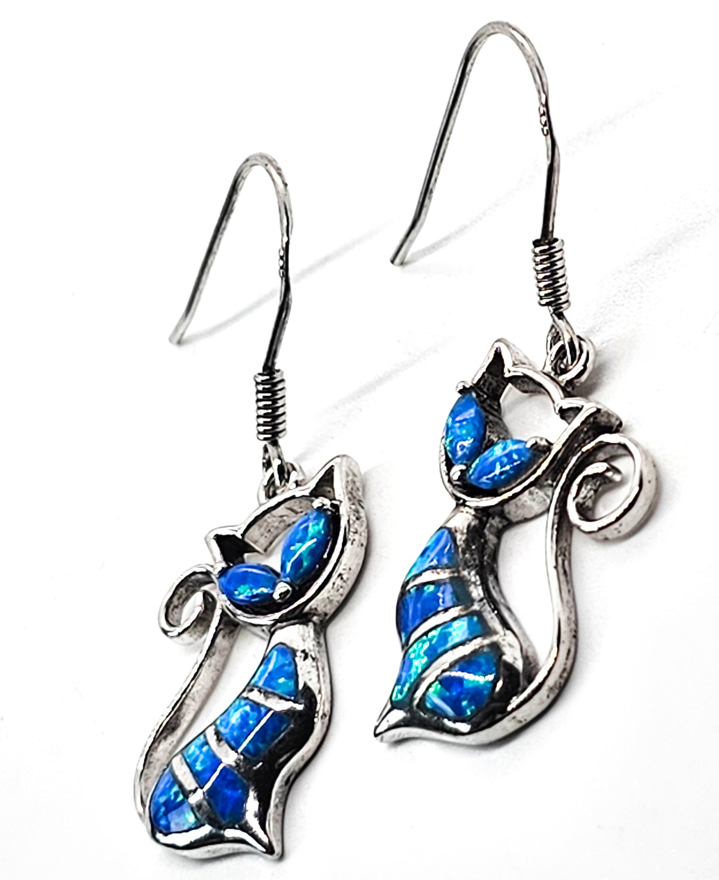 Blue fire opal lab created sitting cat feline figural sterling silver earrings