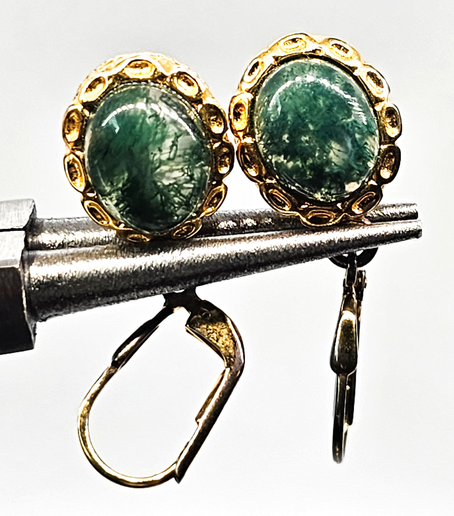 Moss Agate vermeil gold over sterling silver vintage drop earrings