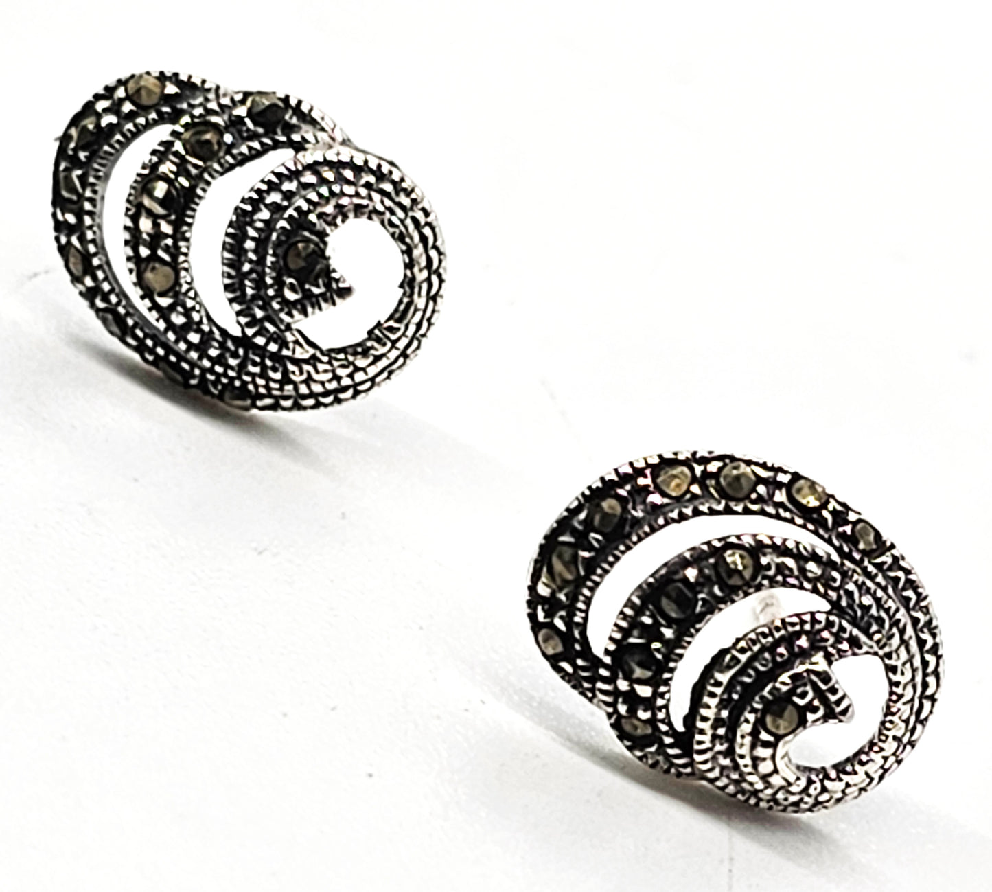 Marcasite sterling silver swirl vintage stud open work earrings