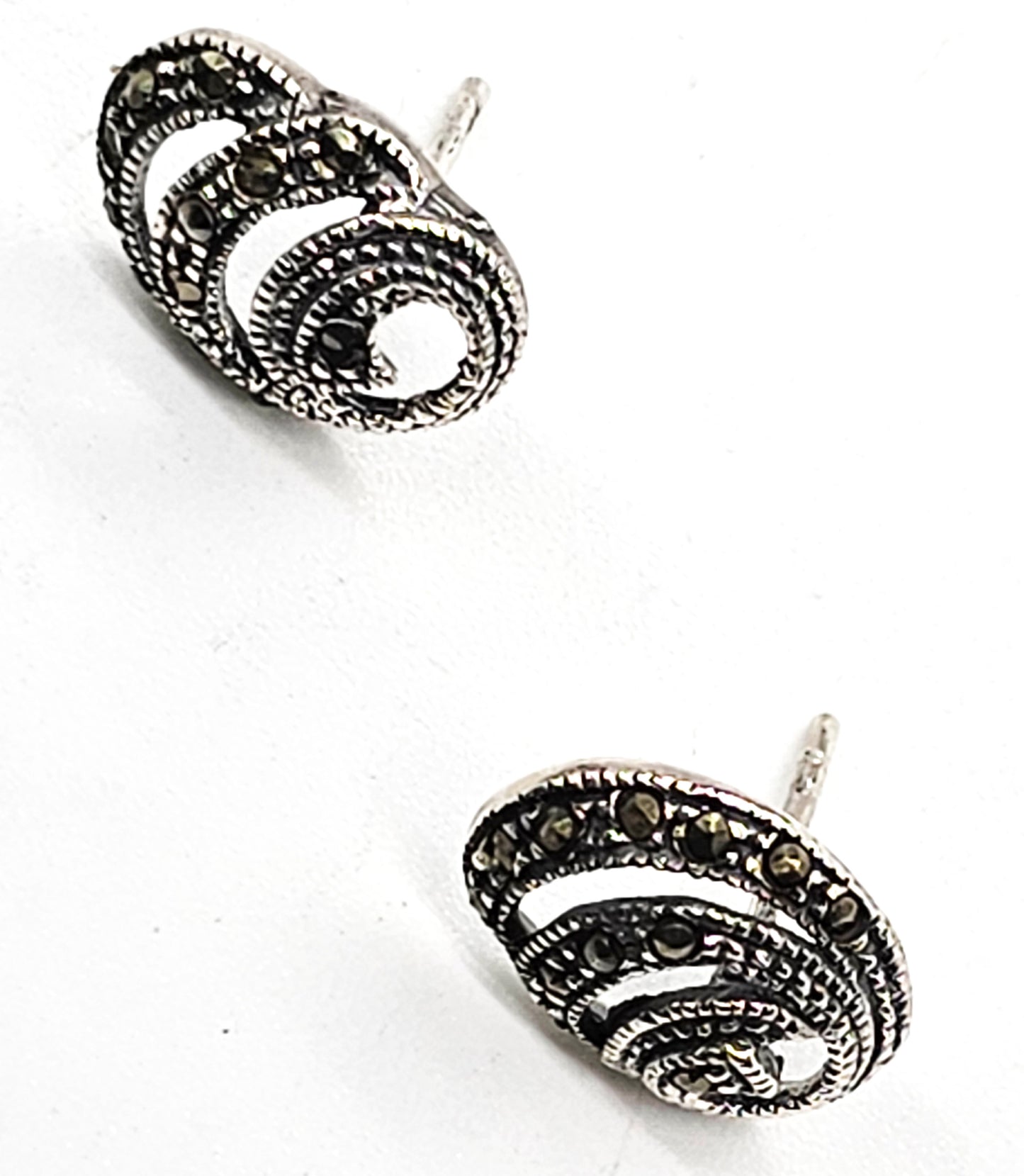 Marcasite sterling silver swirl vintage stud open work earrings