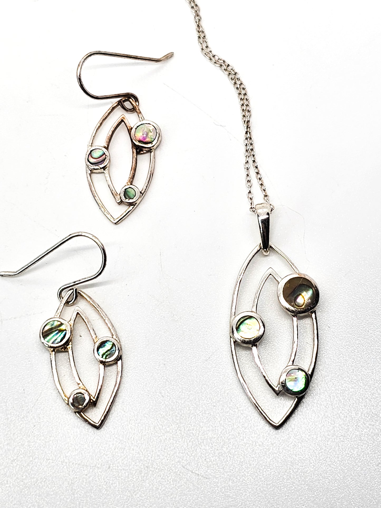 Atomic Abalone sterling silver vintage necklace and earrings set signed SU