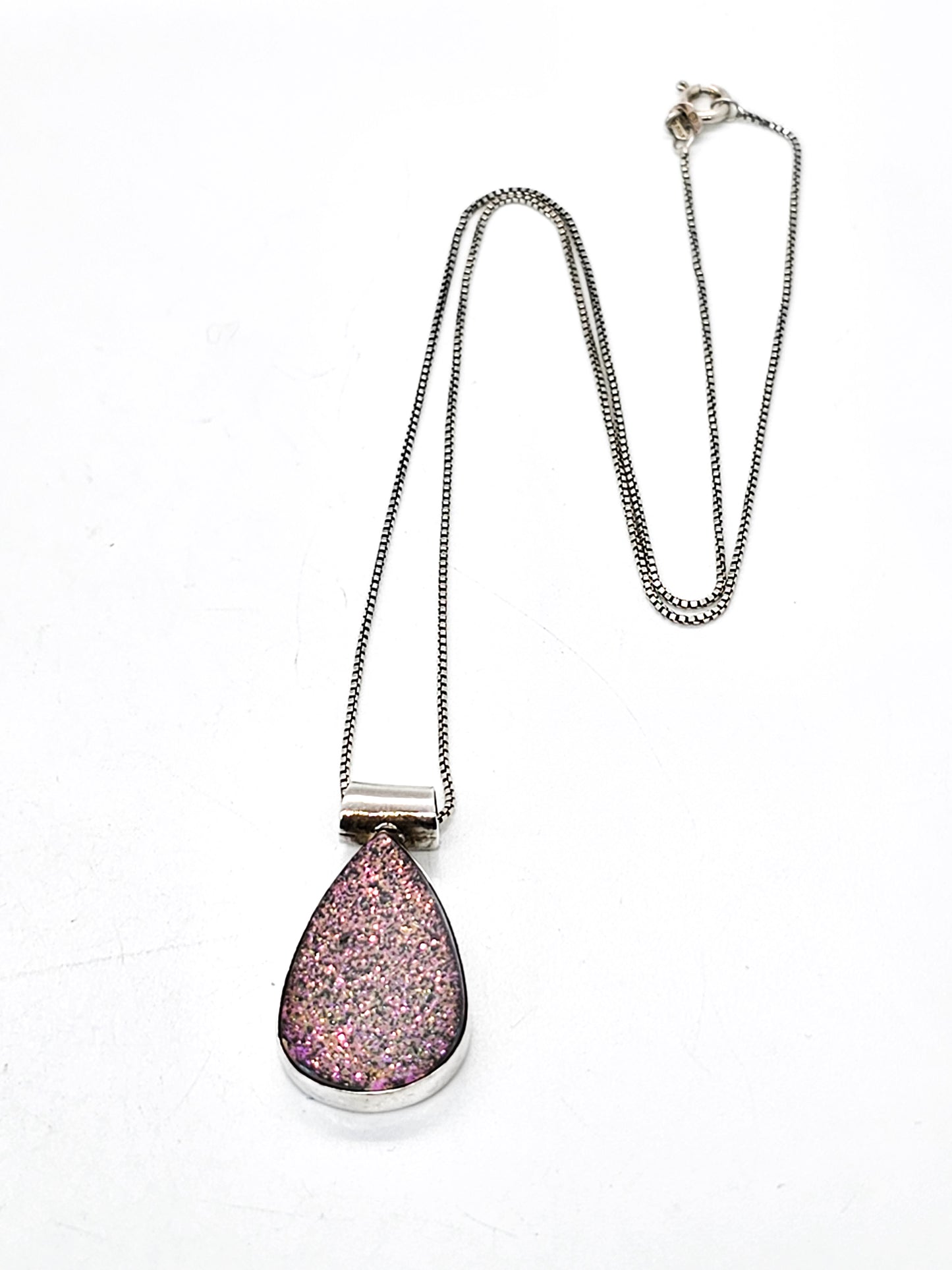 Angel Aura Druzy Quartz pink and green pear cut sterling silver necklace