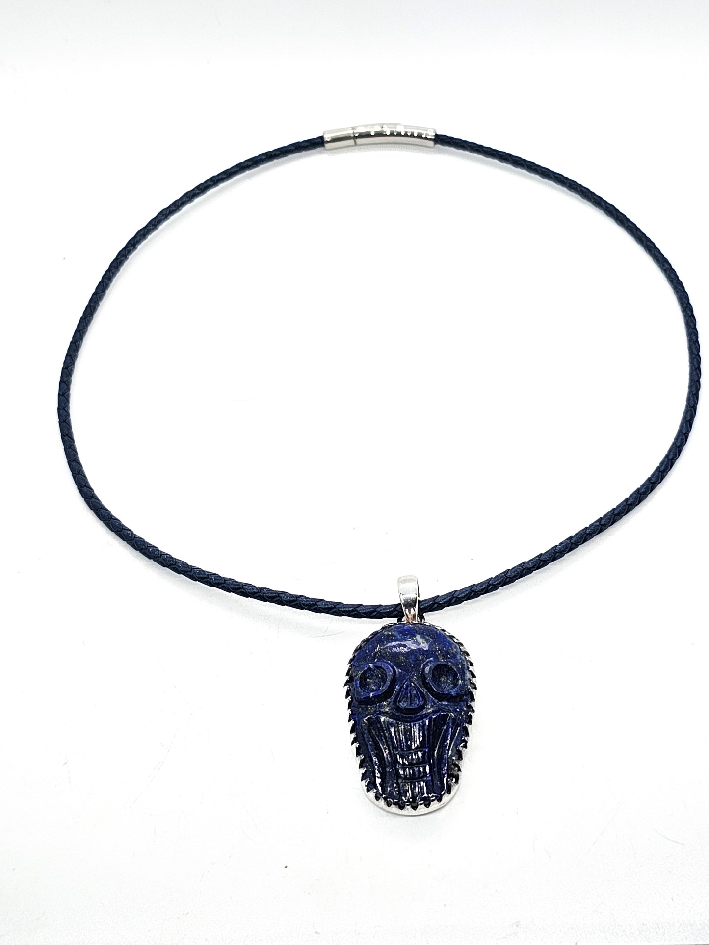 Lapis Lazuli hand carved skull pendant sterling silver custom corded chain