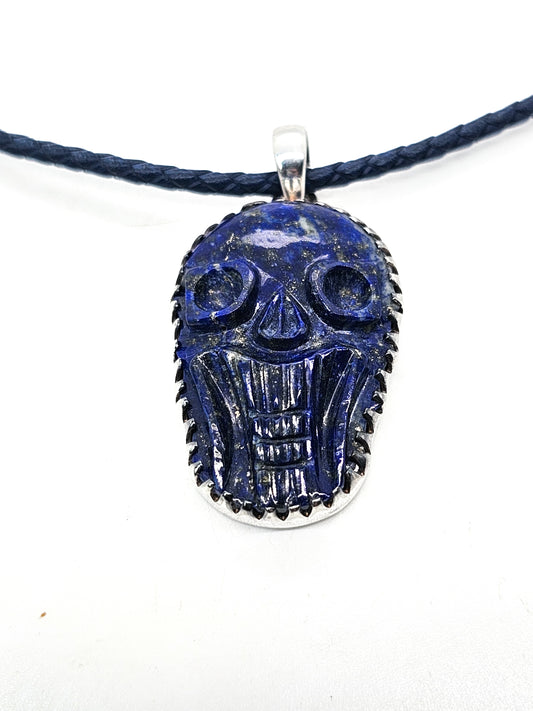 Lapis Lazuli hand carved skull pendant sterling silver custom corded chain