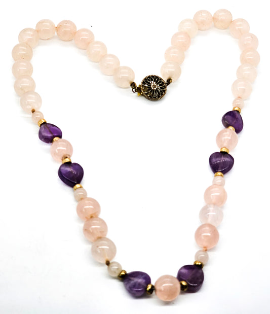 Rose Quartz and amethyst heart beaded vintage sterling silver necklace