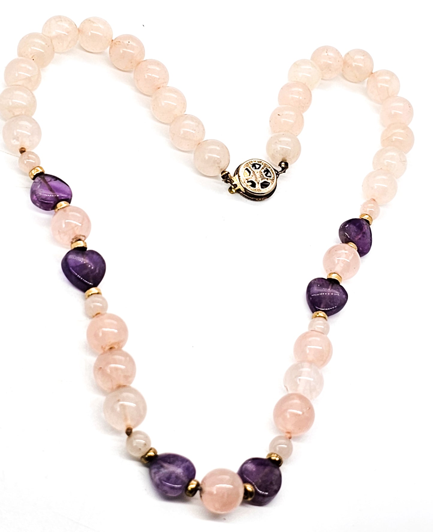 Rose Quartz and amethyst heart beaded vintage sterling silver necklace
