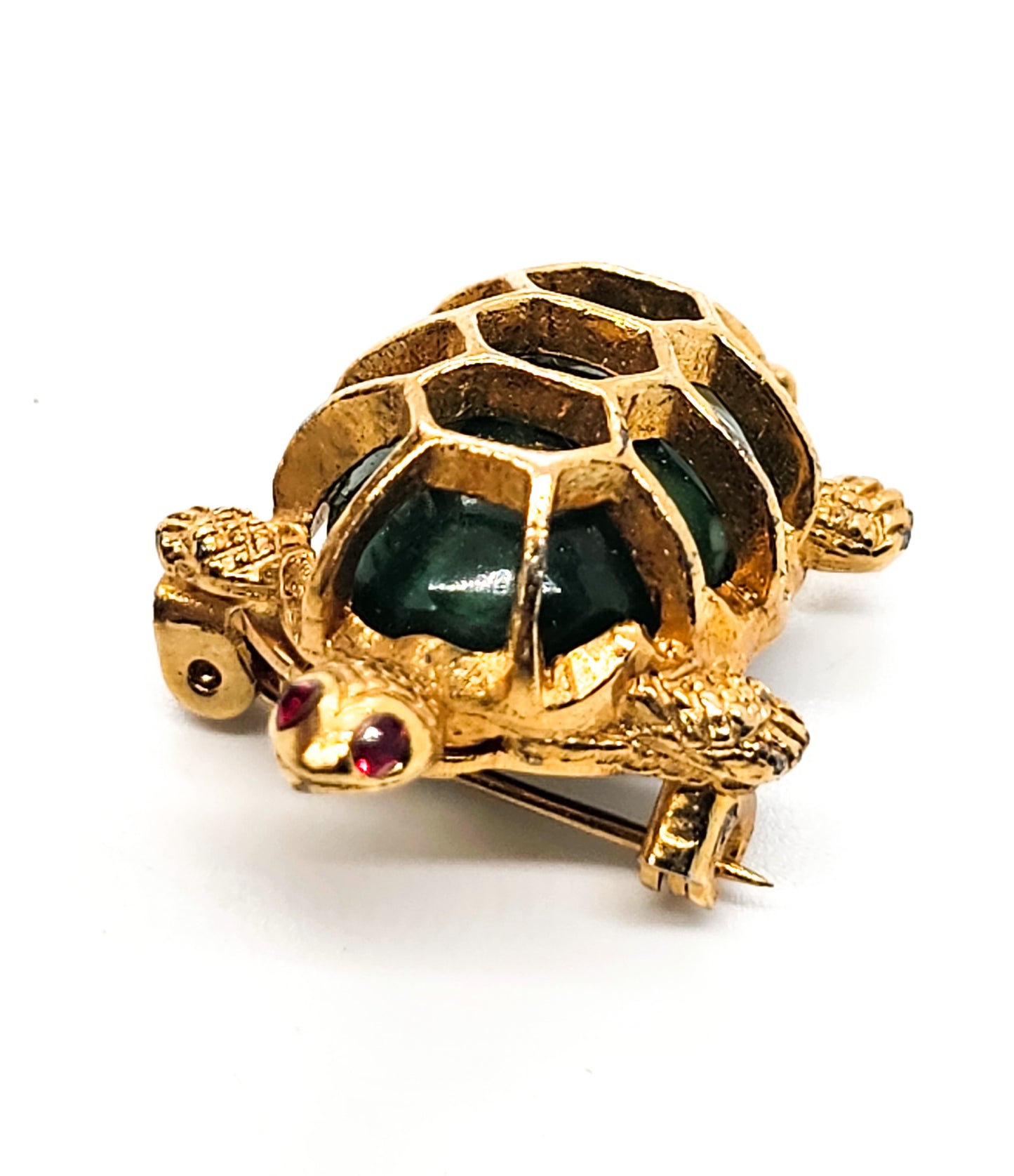 Turtle green lucite and gold toned vintage reptile brooch with red rhinestone eyes