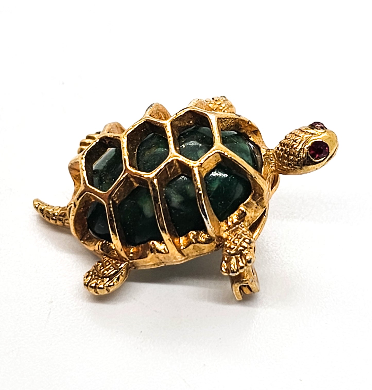 Turtle green lucite and gold toned vintage reptile brooch with red rhinestone eyes