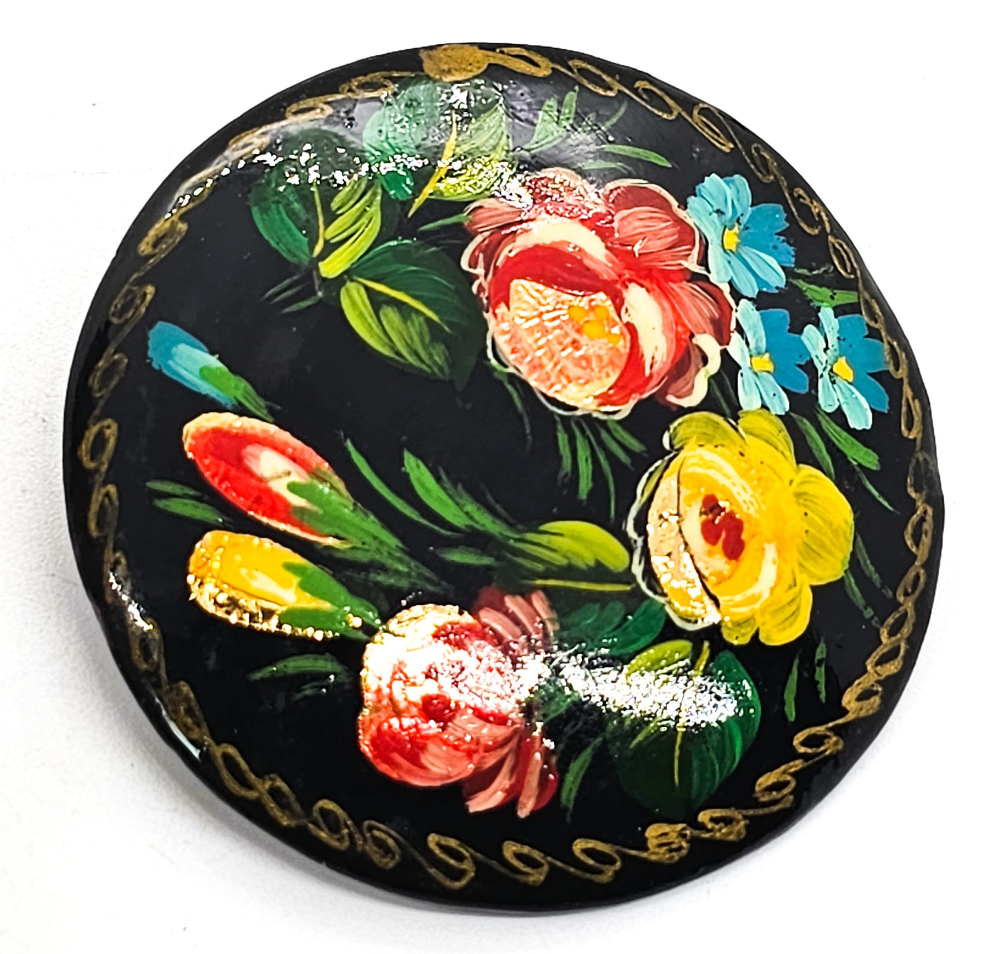 Russian lacquer hand painted gold leaf flower folk art vintage brooch