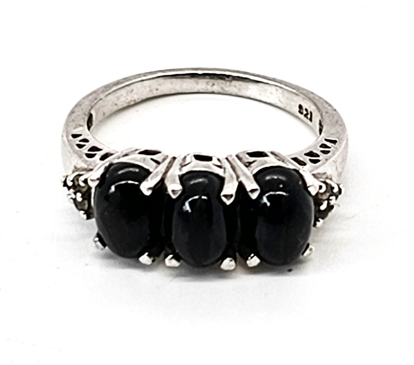 Black Cat's Eye and clear Quartz triple stone sterling silver ring size 7