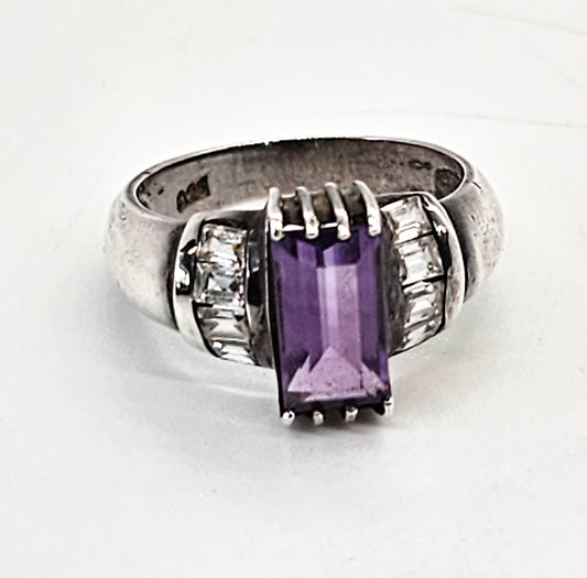 Amethyst and CZ Cubic Zirconia vintage retro sterling silver ring size 7