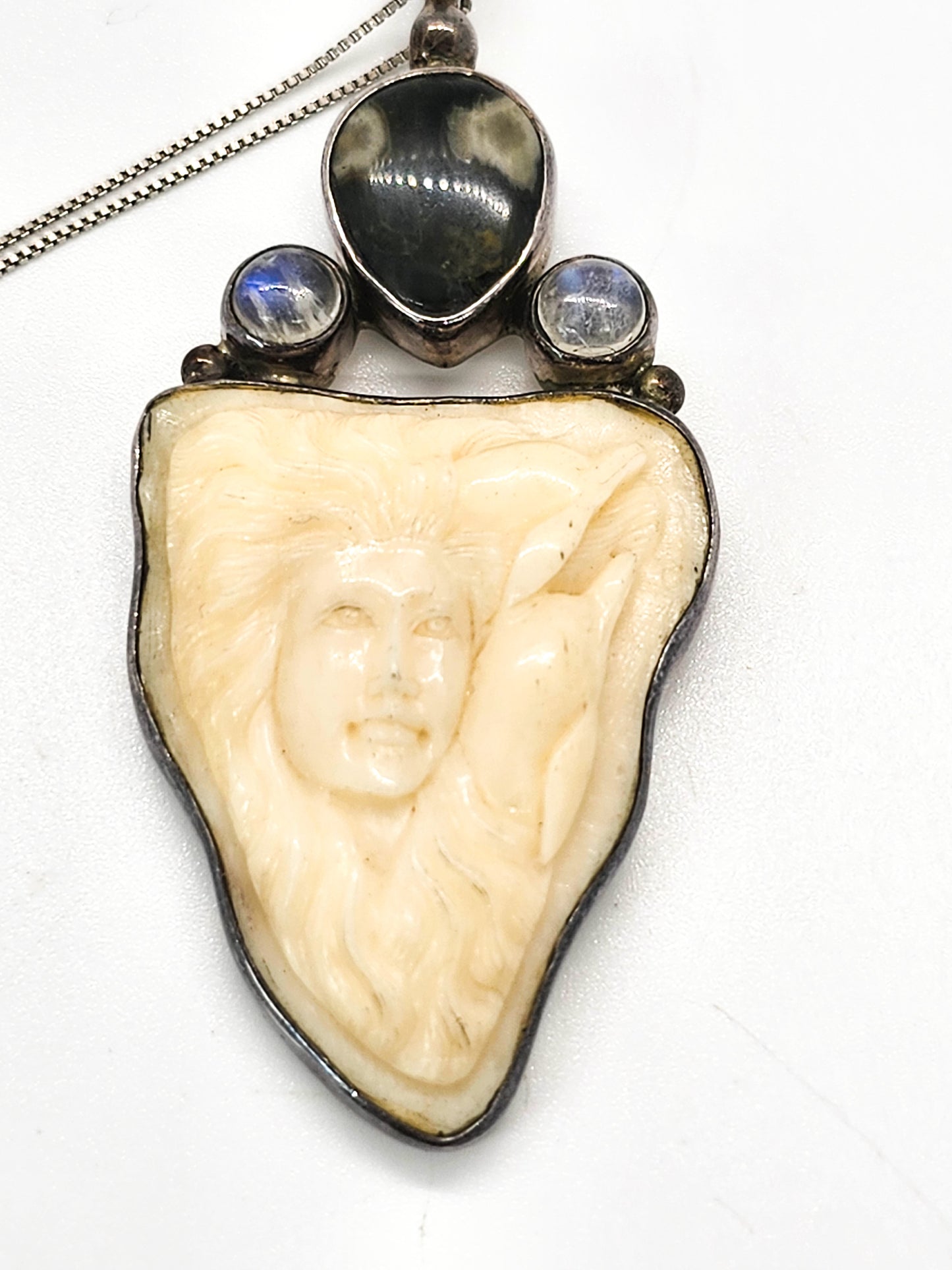 Natural carved woman moonstone ocean jasper sterling silver necklace