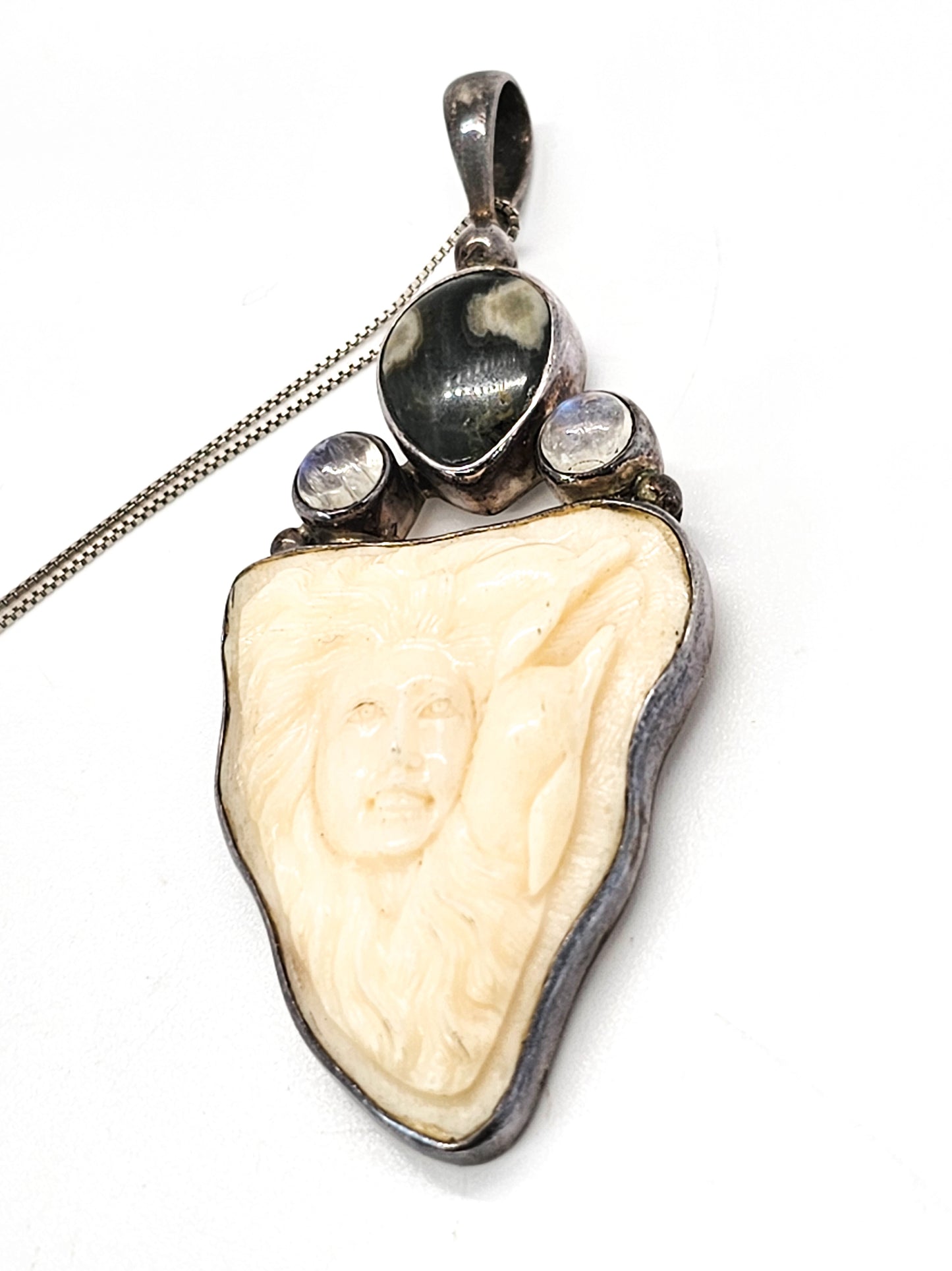 Natural carved woman moonstone ocean jasper sterling silver necklace