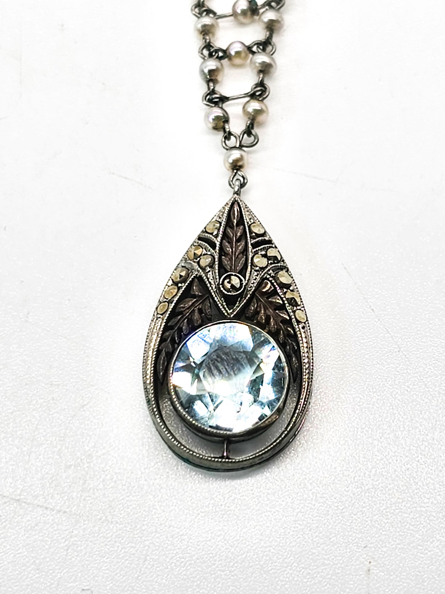 Art Deco Rhodium Plated Marcasite blue topaz and pearl antique necklace