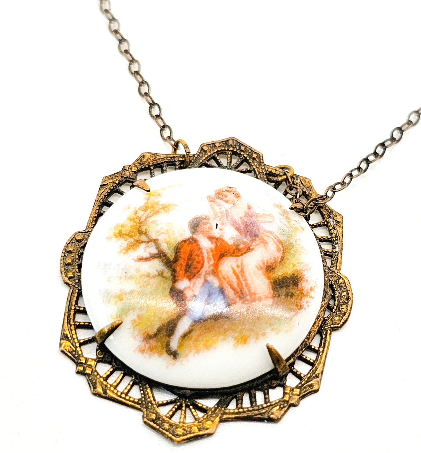 Courting Couple porcelain transferware mid century vintage cameo necklace