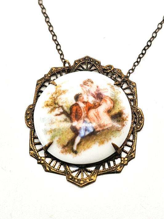 Courting Couple porcelain transferware mid century vintage cameo necklace