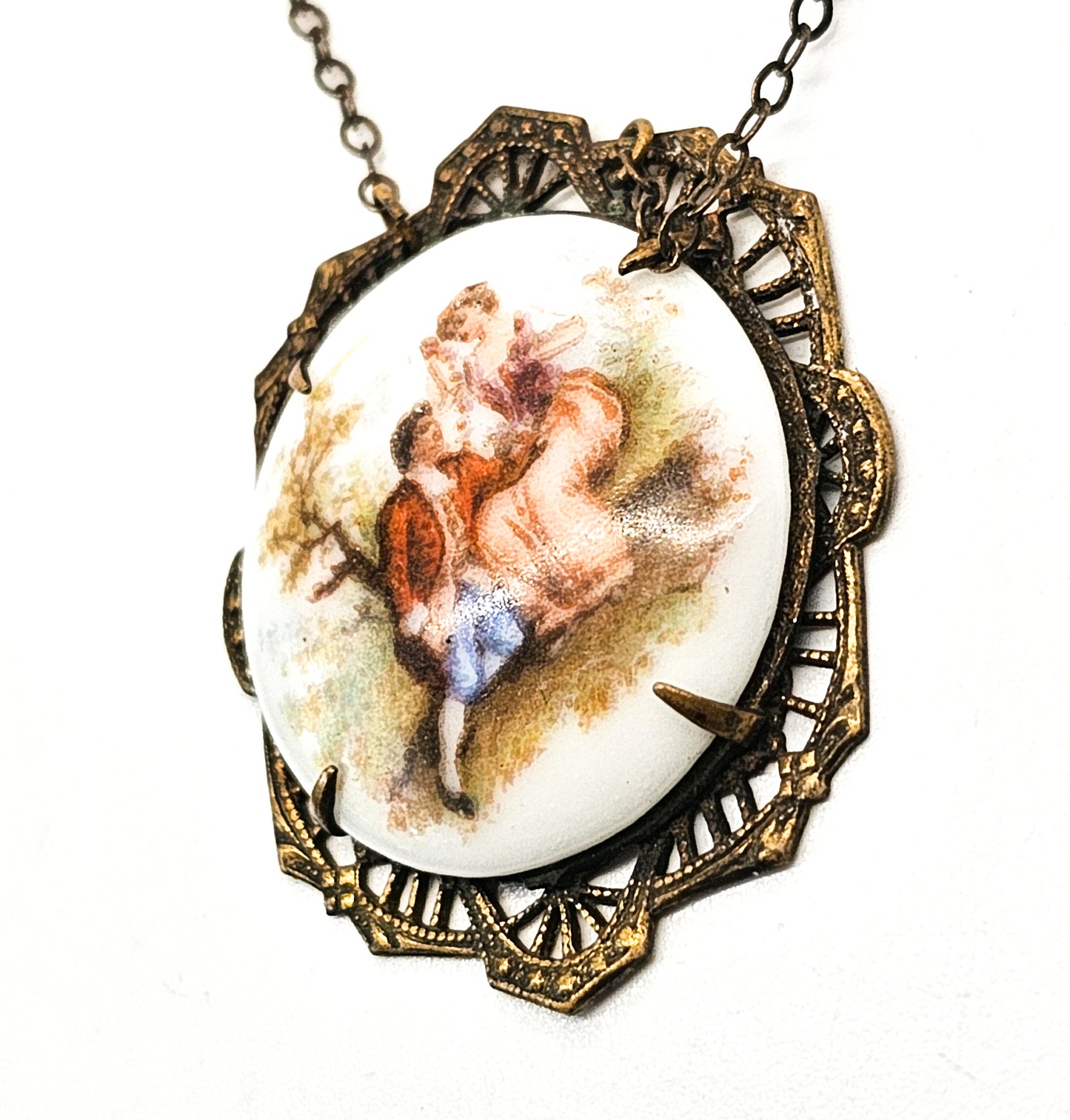Courting Couple porcelain transferware mid century vintage cameo necklace