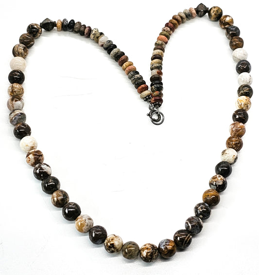 Picasso jasper and pyrite beaded sterling silver 20 inch necklace