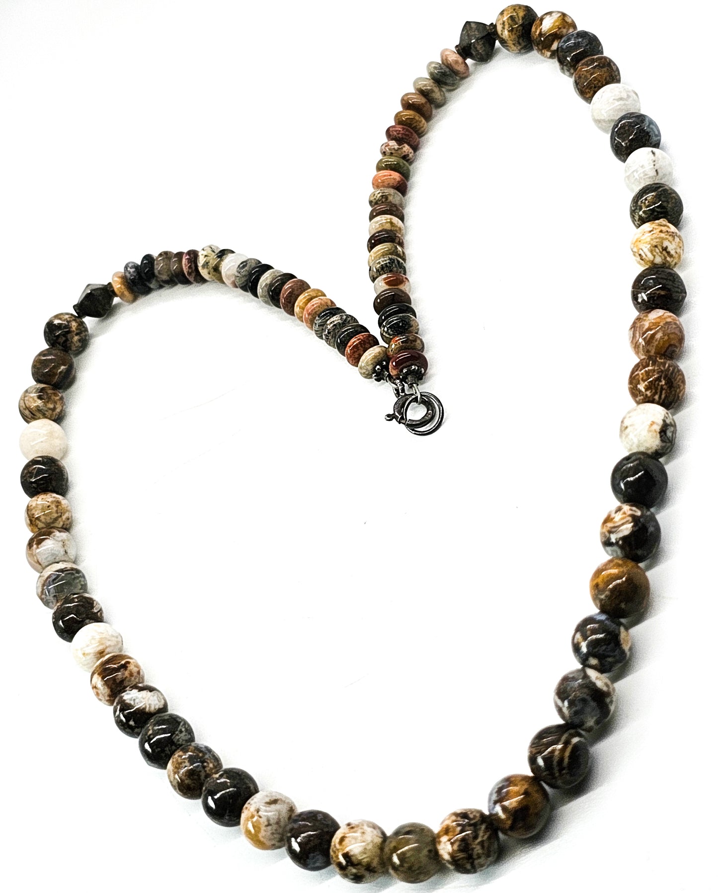 Picasso jasper and pyrite beaded sterling silver 20 inch necklace