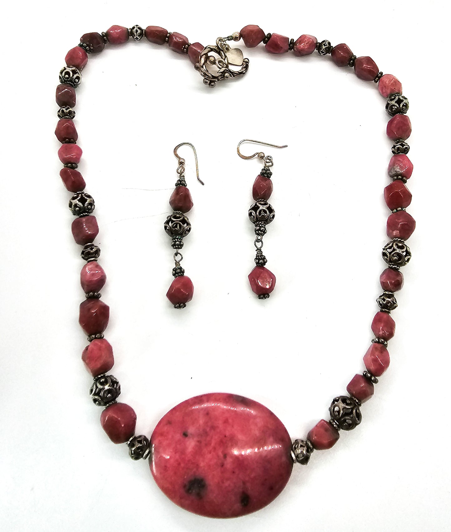 KK Rhodonite chunky pink beaded sterling silver necklace and earrings set