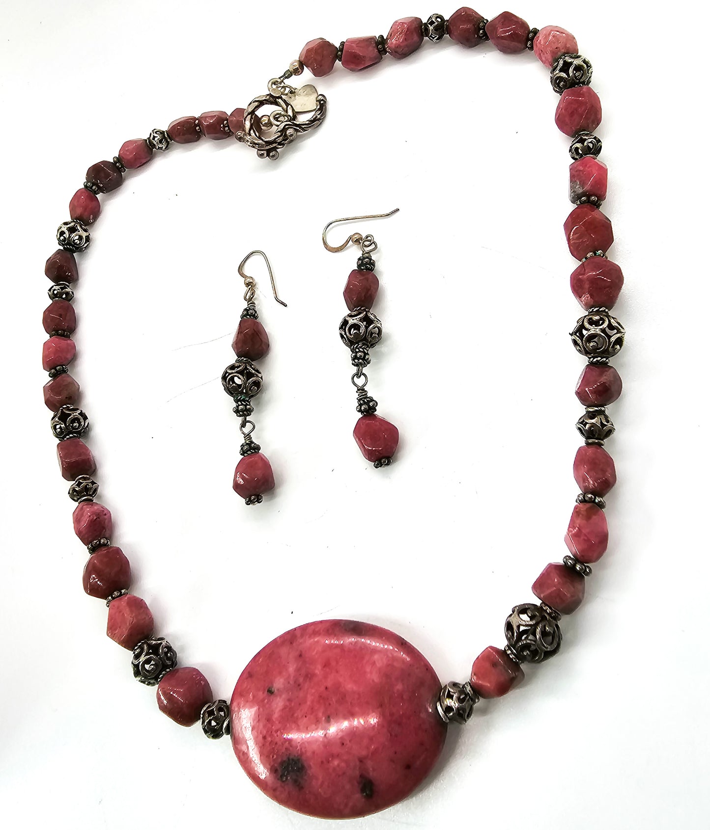 KK Rhodonite chunky pink beaded sterling silver necklace and earrings set