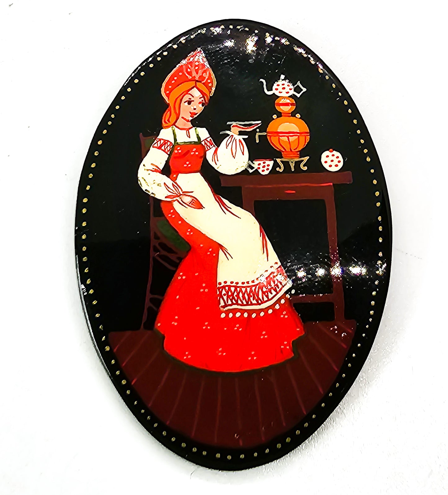 Russian hand painted Woman drinking tea vintage folk art black metal brooch