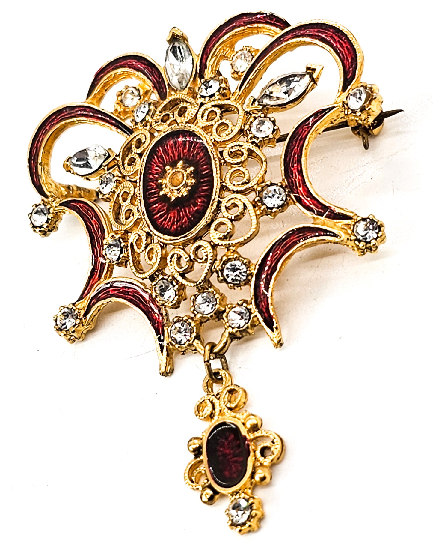 Royal Crown red enamel guilloche and rhinestone vintage pendant brooch