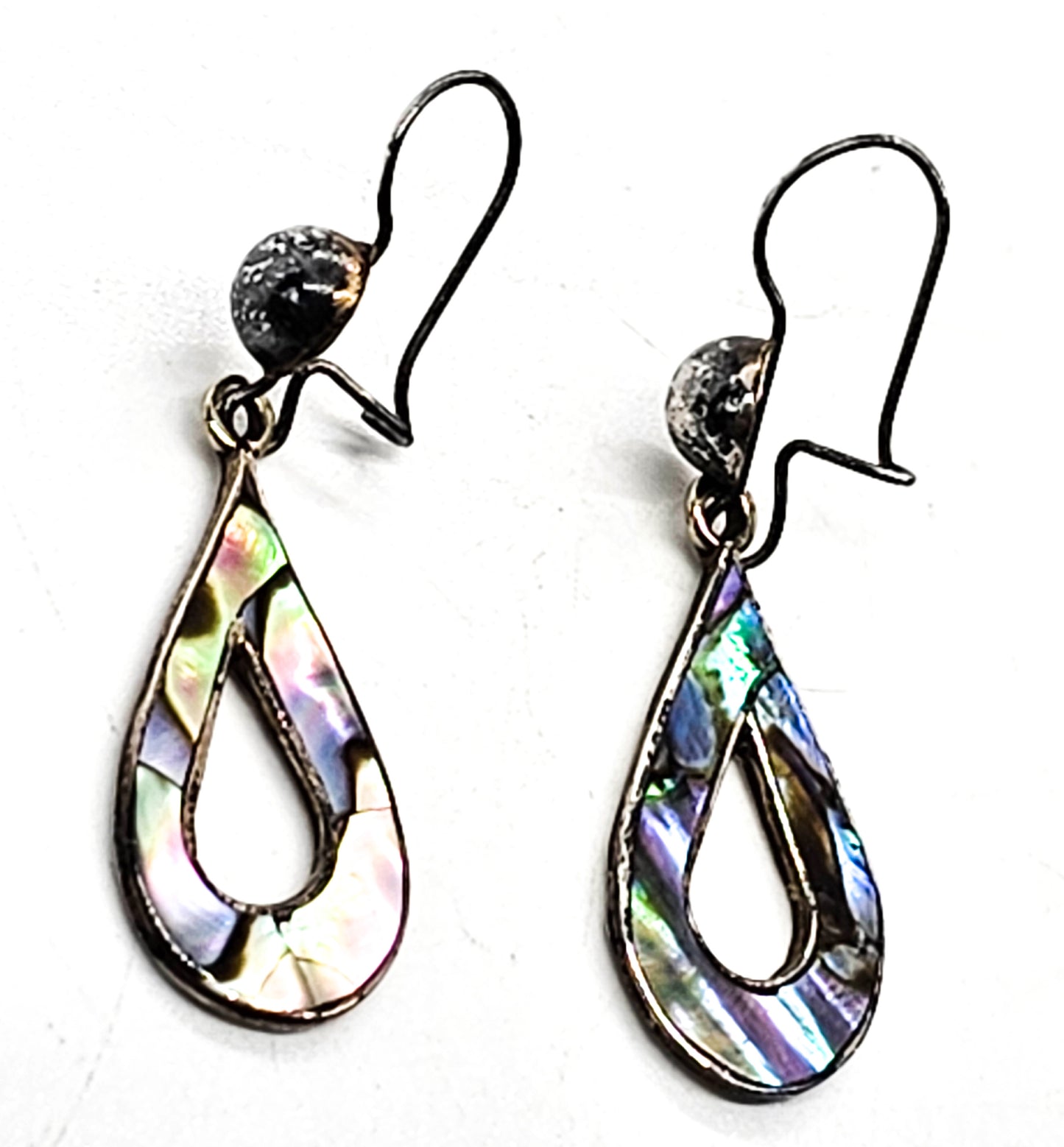 Abalone Paua Taxco Mexico Eagle stamp CPI vintage sterling silver drop hoop earrings