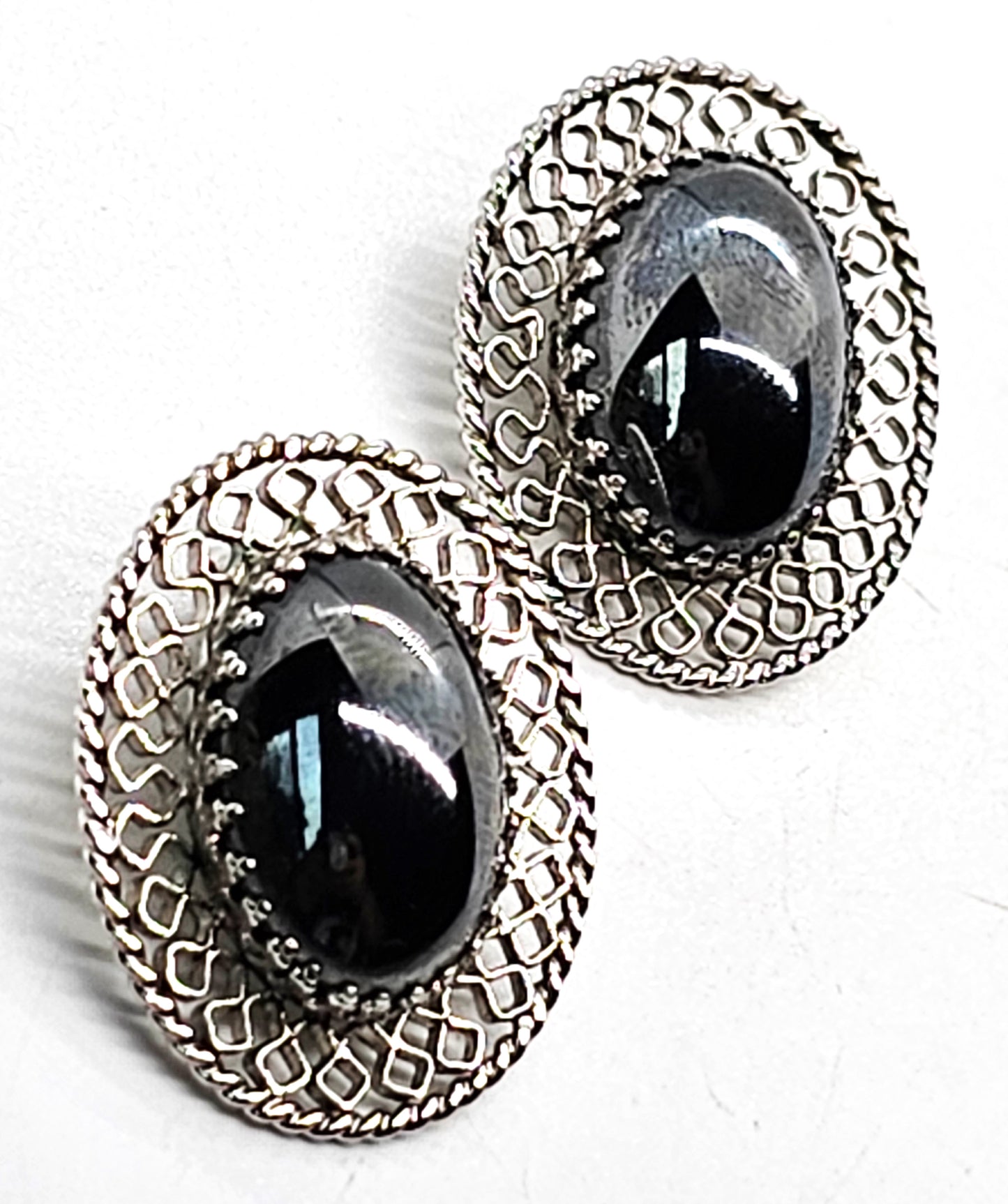 Whiting and Davis vintage signed hematite silver clip on earrings