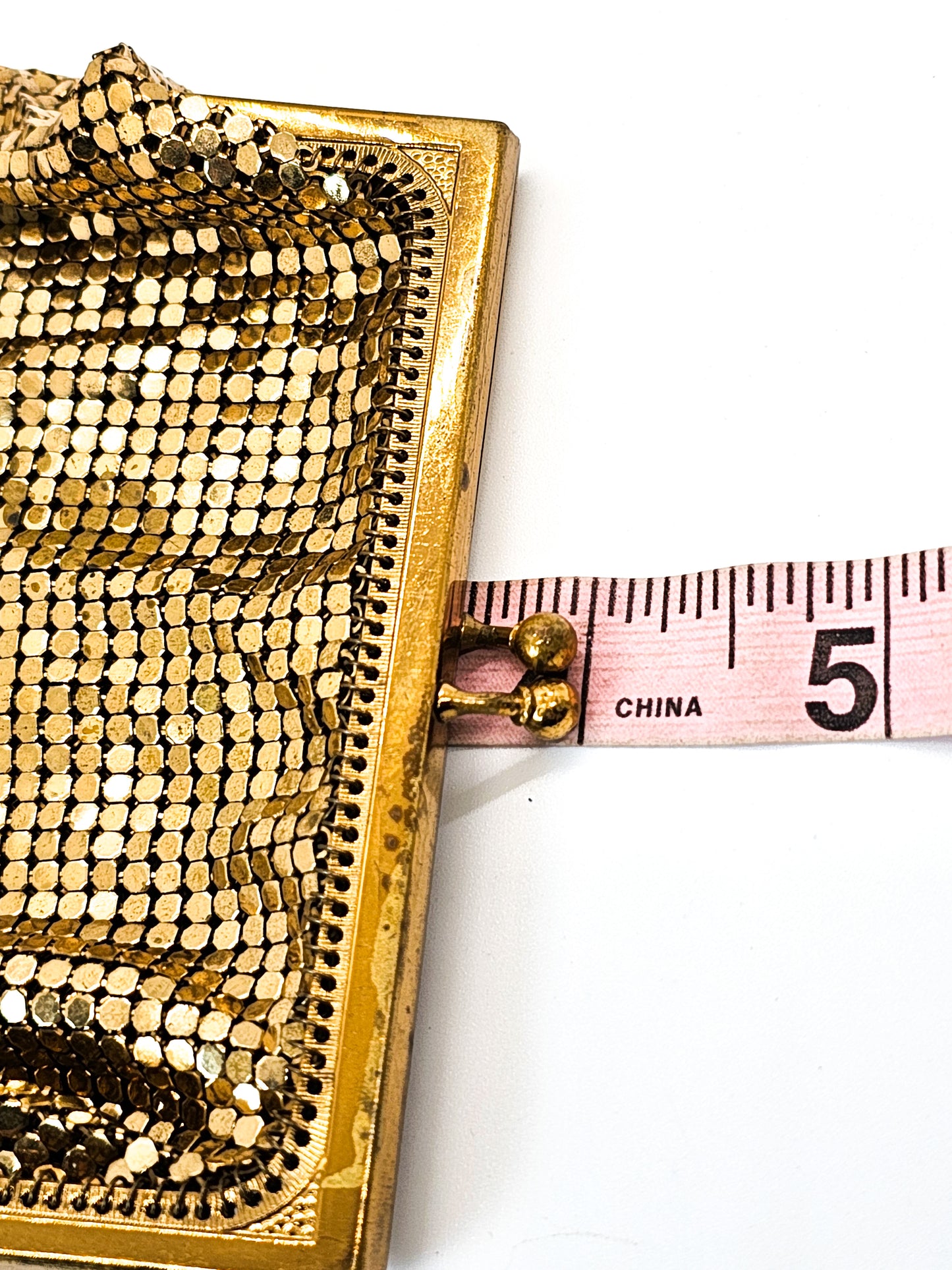Whiting and Davis mid century vintage gold mesh metal clutch purse 1950's
