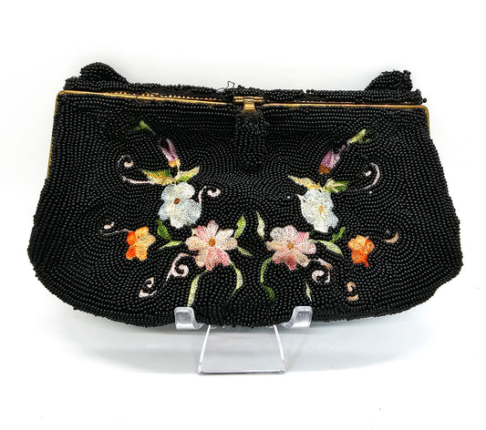 Tambour embroidered Belgium black beaded flower clutch purse