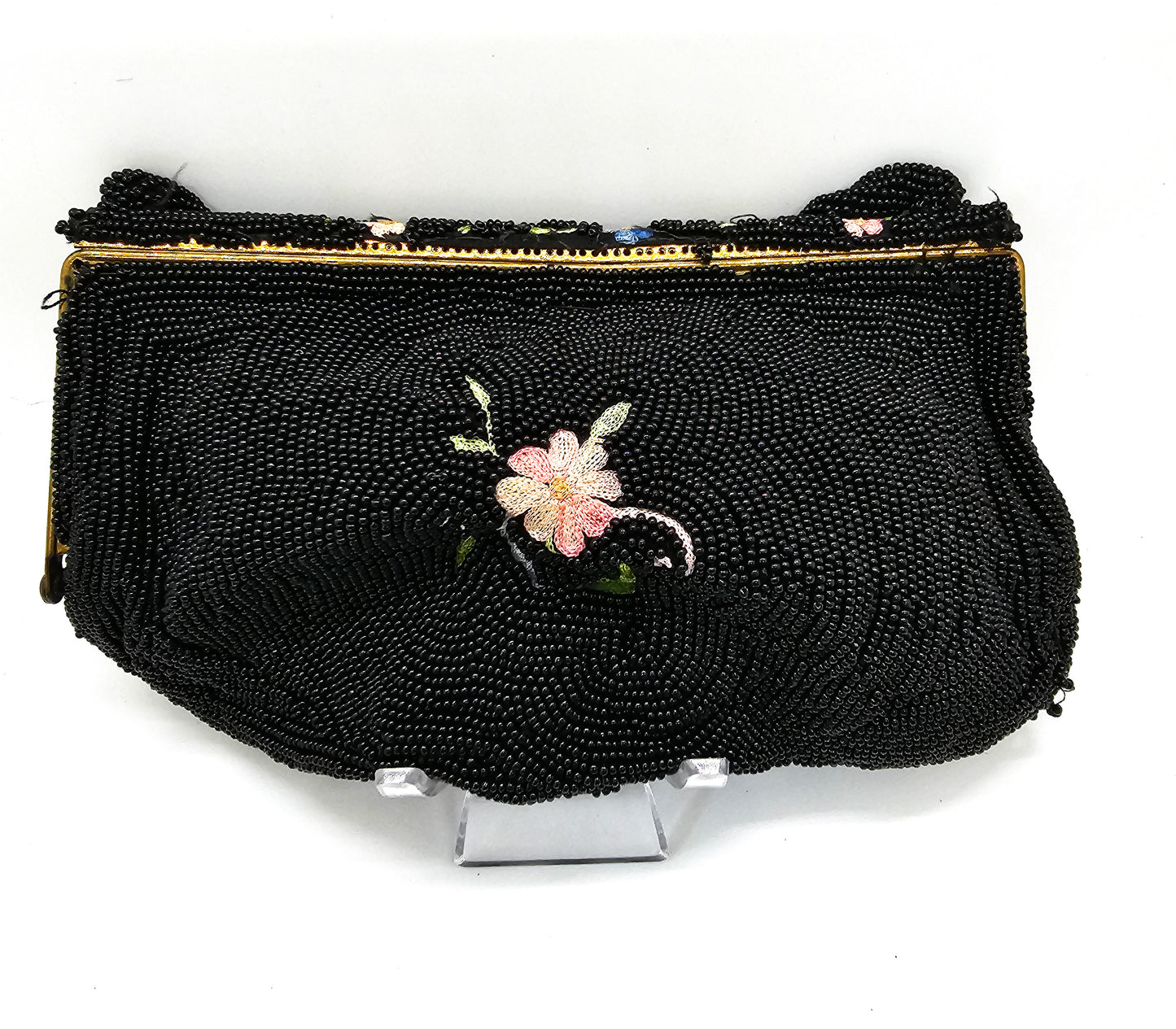 Tambour embroidered Belgium black beaded flower clutch purse