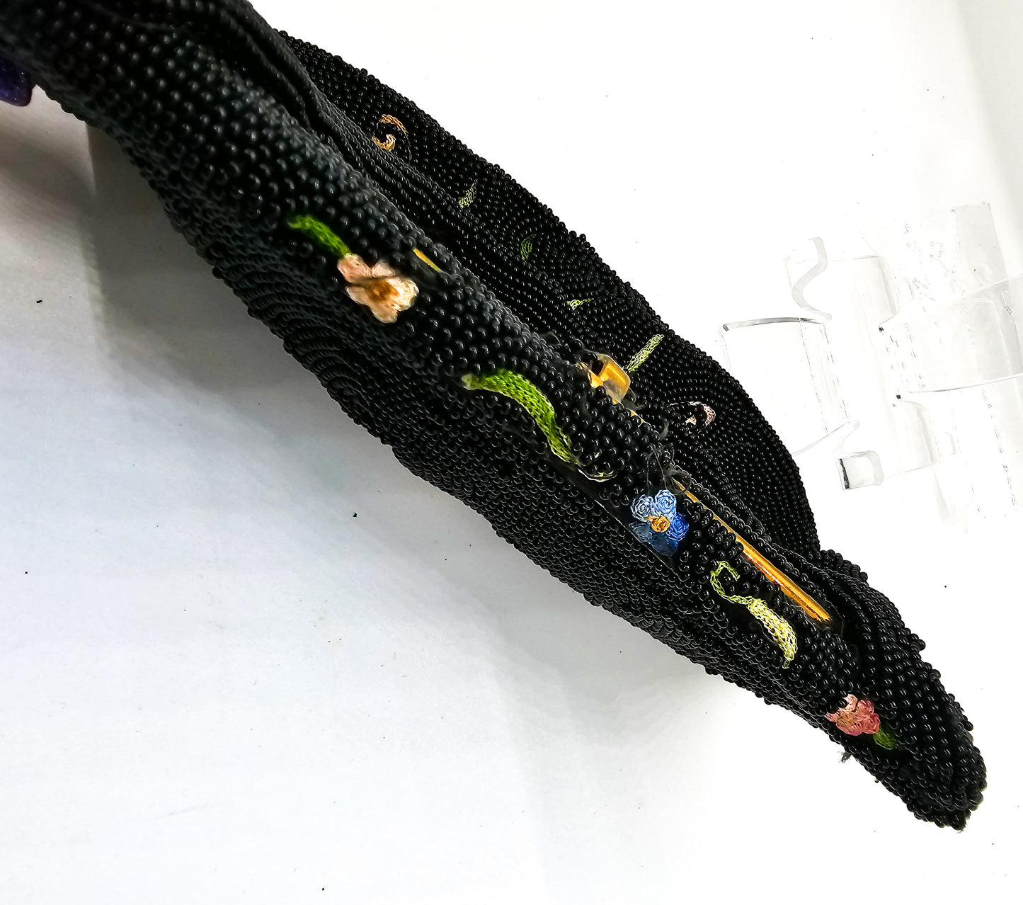 Tambour embroidered Belgium black beaded flower clutch purse