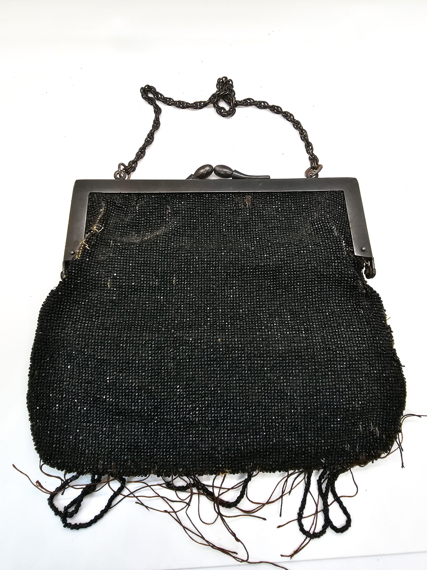 Victorian 19th century black beaded silver plated antique purse