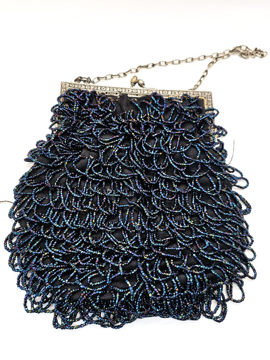 Blue Oil Slick Aurora Borealis mid century vintage beaded fringe purse