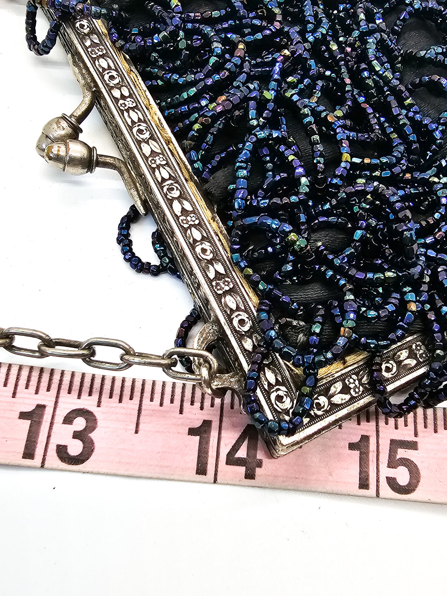Blue Oil Slick Aurora Borealis mid century vintage beaded fringe purse