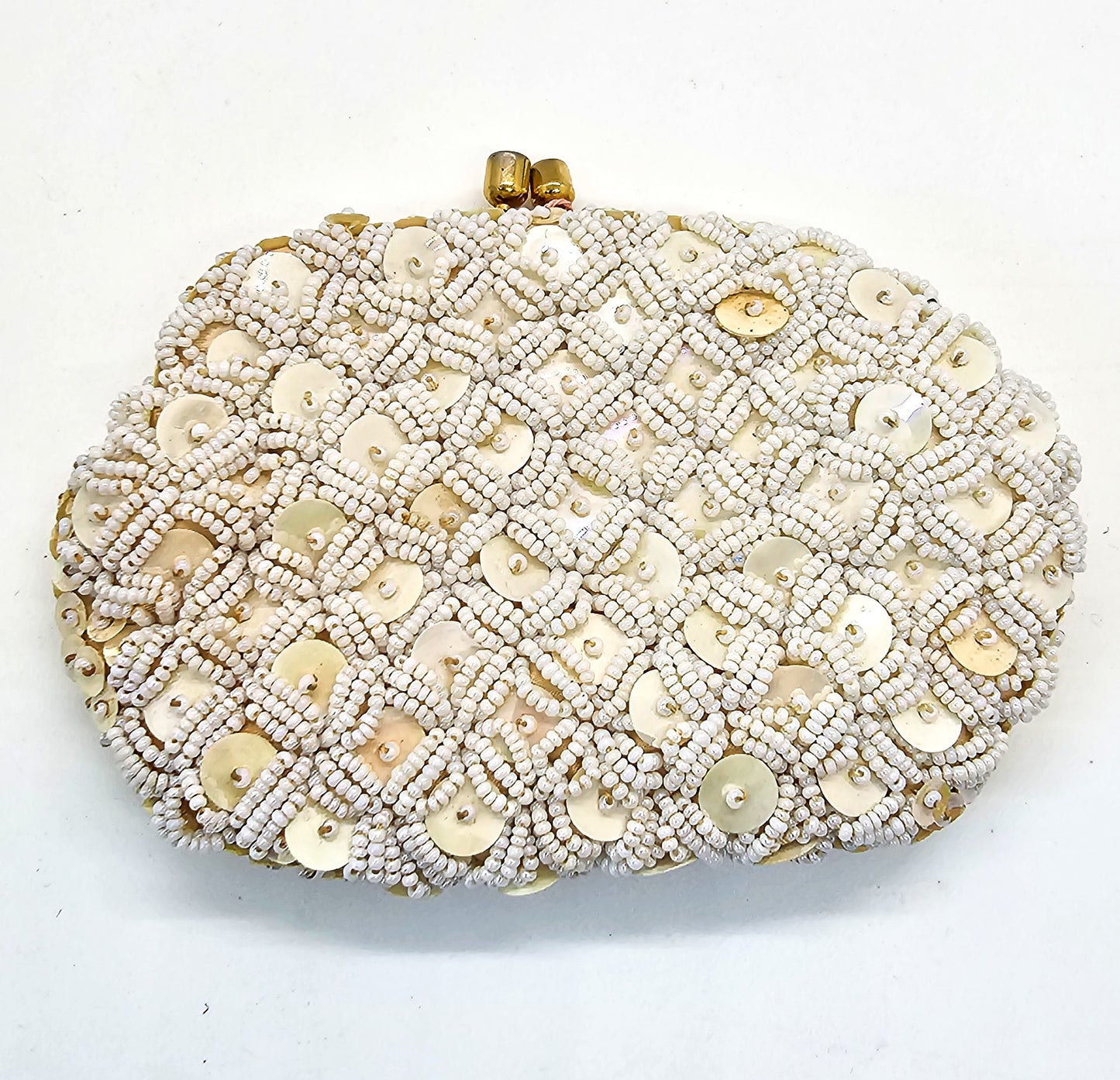 Cream seed bead and sequin vintage mid century coin purse