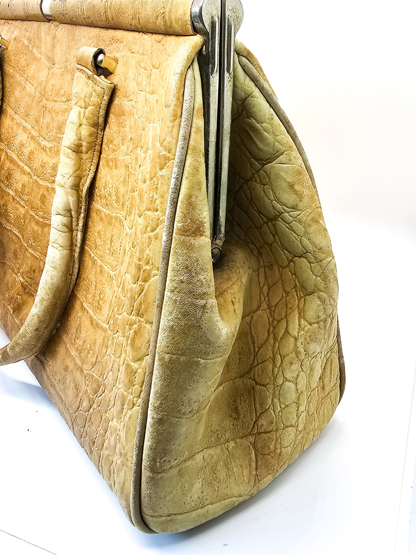 Crocodile light tan vintage retro genuine leather handbag purse