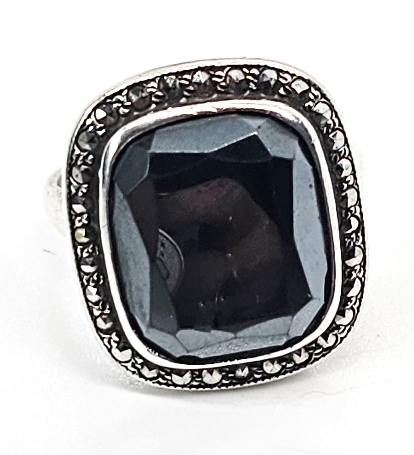 Art Deco large Hematite and marcasite antique sterling silver ring size 7